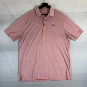 Under Armour Polo Shirt Mens Large Red Gray Performance Striped Golf Heatgear